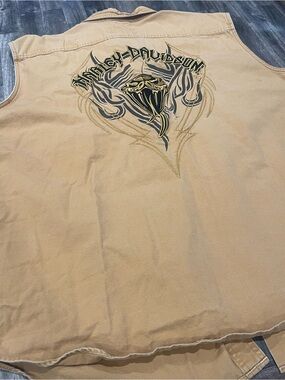 Harley Davidson Sleeveless Button-Up Work Shirt Vest 4XL Tan Snake Back Graphic